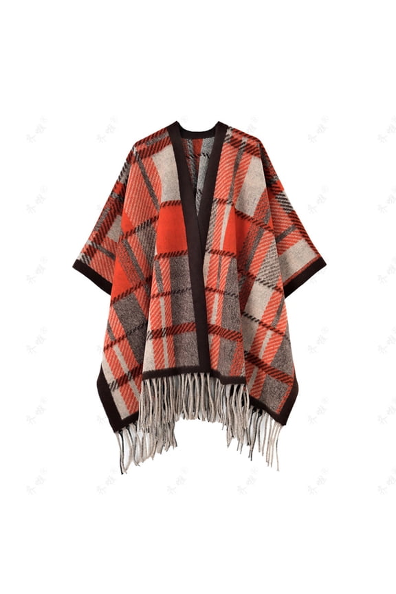 Women's Plus Size Hooded Knitted Cape Shawl with Plaid Print and Tassel Trim Casual Versatile Winter Style
