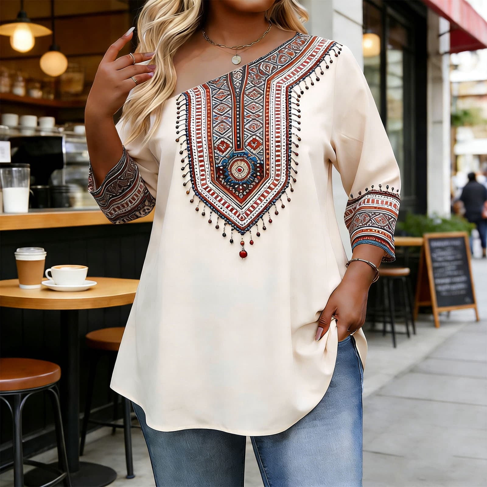 AUNVITO Women's Plus Size Off Shoulder Blouse Three Quarter Sleeve with ...