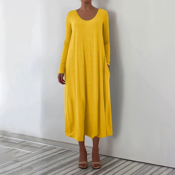 AUNVITO Women's Plus Size Oversized Long Sleeve Round Neck Dress with Pockets Casual and Comfortable Style
