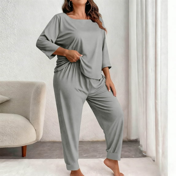 AUNVITO Women's Plus Size Pajama Set Seven Sleeve and Pants Casual Loungewear
