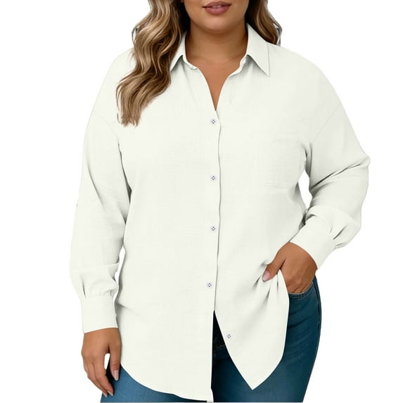 AUNVITO Women's Plus Size Solid Color Long Sleeve Button Front Shirt with Turn-Down Collar and Pocket Casual and Classic