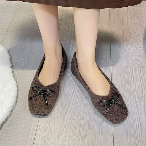 AUNVITO Women's Plus Size Suede Bow Flat Shoes Square Toe Shallow Cut Comfortable Casual Fall Winter Brown/Black/Gray