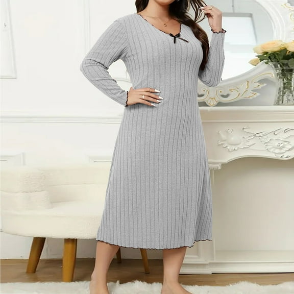 AUNVITO Women's Plus Size V-Neck Long Sleeve Casual Dress Solid Color Durable Fabric Spandex Wrap Hip Spring Summer Comfortable Knit Fabric
