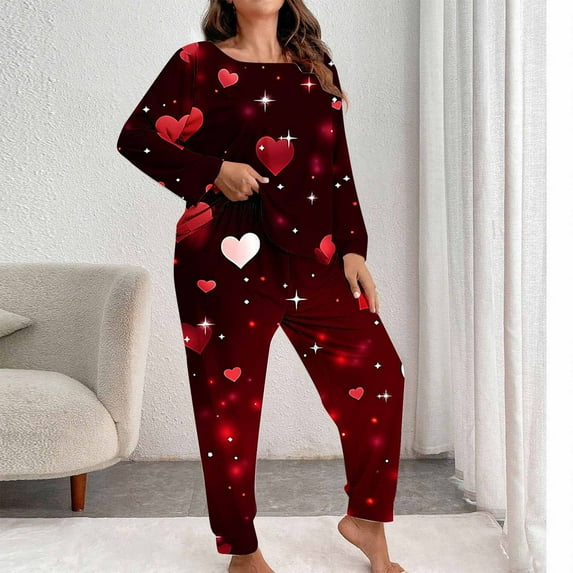 AUNVITO Women's Plus Size Valentine's Day Print Long Sleeve Pajama Set Casual Comfortable Loungewear Soft and Stretchy Fabric