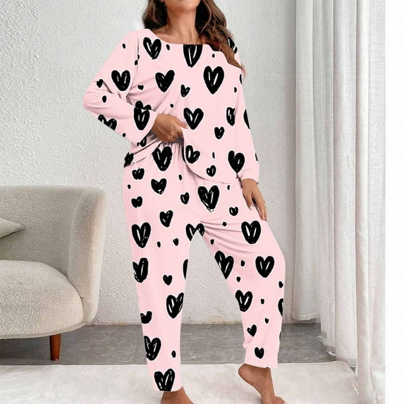 AUNVITO Women's Plus Size Valentine's Day Print Long Sleeve Pajama Set Casual Comfortable Loungewear Soft and Stretchy Fabric