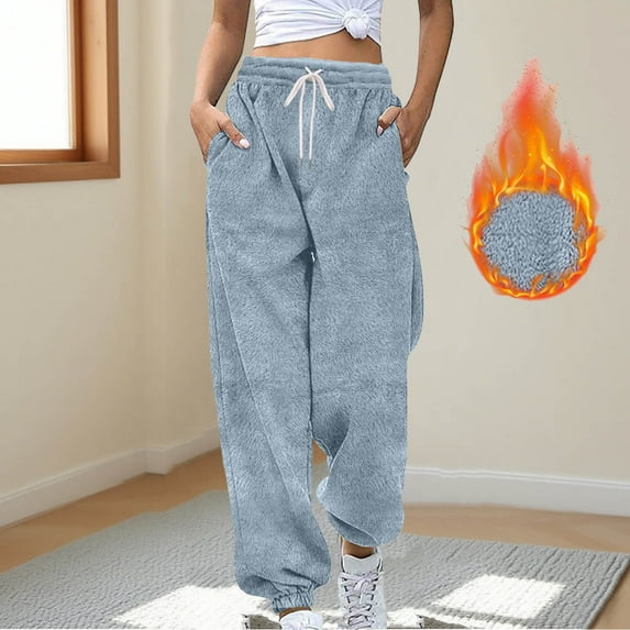 AUNVITO Women's Plush Fleece Jogger Pants with Elastic Drawstring Waist & Side Pockets Casual Solid Color Loose Fit Cuffed Hem Sweatpants for Lounge