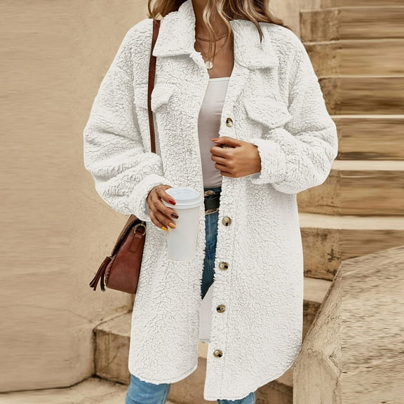 AUNVITO Women's Plush Fleece Longline Coat Notched Collar Button Front Solid Color Casual Winter Outerwear Double-Faced Softness