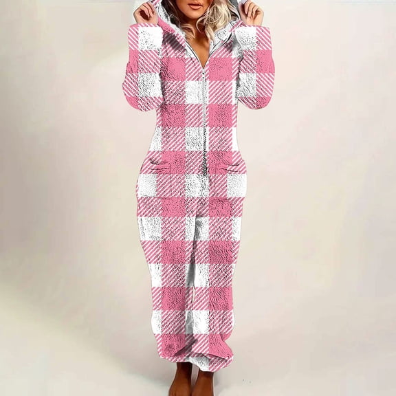 AUNVITO Women's Plush Jumpsuit Hooded Long Sleeve with Zipper and Two Pockets Casual and Cozy Homewear