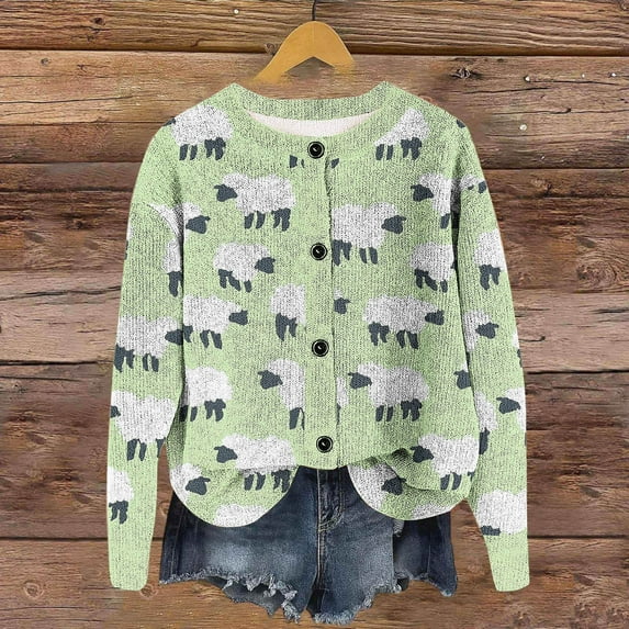 AUNVITO Women's Printed Cardigan Button Long Sleeve Round Neck Casual Knit Sweater Winter Warm Blend Loose Fit Outwear