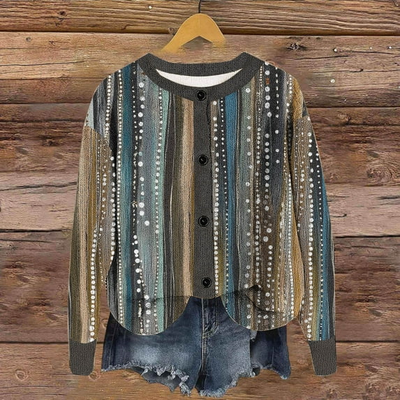 AUNVITO Women's Printed Cardigan Button Long Sleeve Round Neck Casual Knit Sweater Winter Warm Blend Loose Fit Outwear