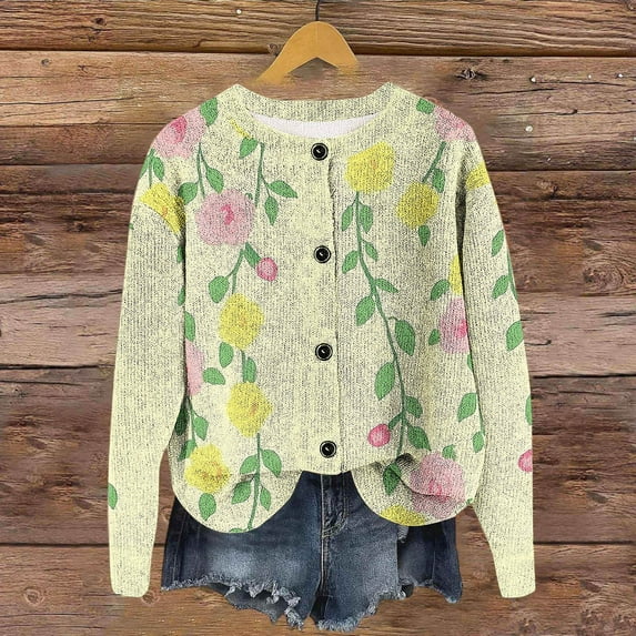 AUNVITO Women's Printed Cardigan Button Long Sleeve Round Neck Casual Knit Sweater Winter Warm Blend Loose Fit Outwear
