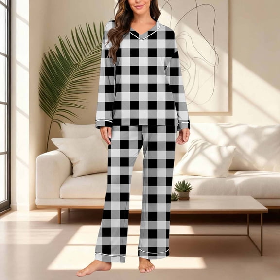 AUNVITO Women's Printed Pajama Set V-Neck Long Sleeve Loungewear with Comfortable Fit and Relaxed Style