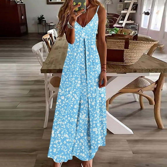 AUNVITO Women's Printed Round Neck Sleeveless Maxi Dress with Floral Print Casual and Elegant Style