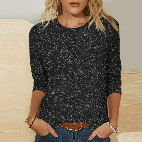 AUNVITO Women's Printed Top Seven-Eight Sleeve Round Neck Pullover Casual and Fashionable Style