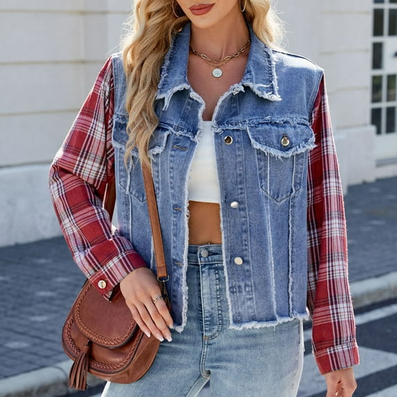 AUNVITO Women's Quilted Denim Jacket with Plaid Sleeves, Pockets, and Notched Collar for Autumn Winter Casual Outwear