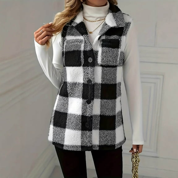 AUNVITO Women's Reversible Plaid Vest Sleeveless Collar Double-Sided Fleece Lightweight Casual Jacket Fall Winter