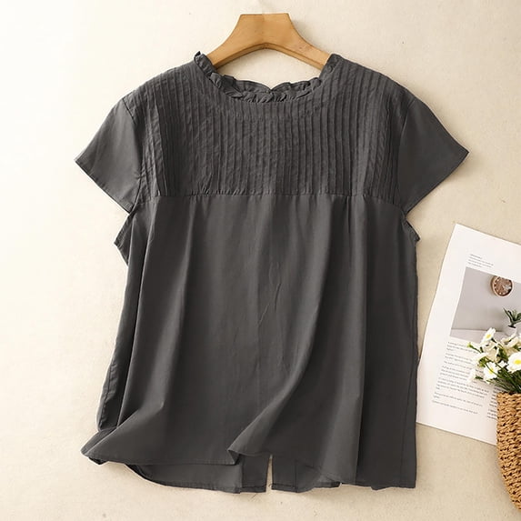 AUNVITO Women's Reversible Round Neck Button Front Pleated Top Casual and Versatile Style