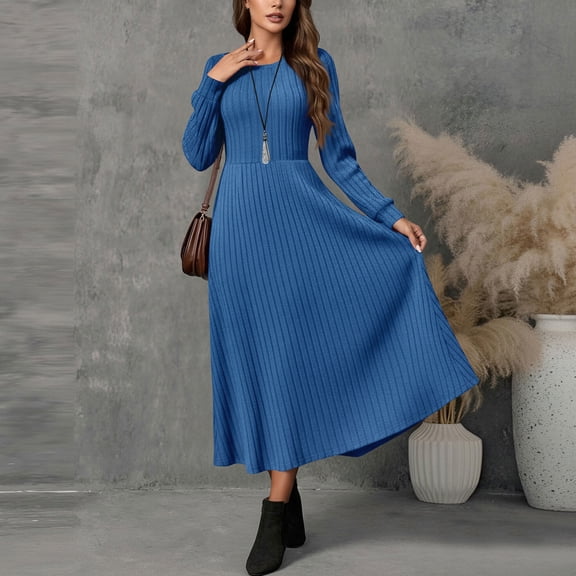 AUNVITO Women's Ribbed Dress Crewneck Long Sleeve Solid Color Casual and Cozy Winter Style