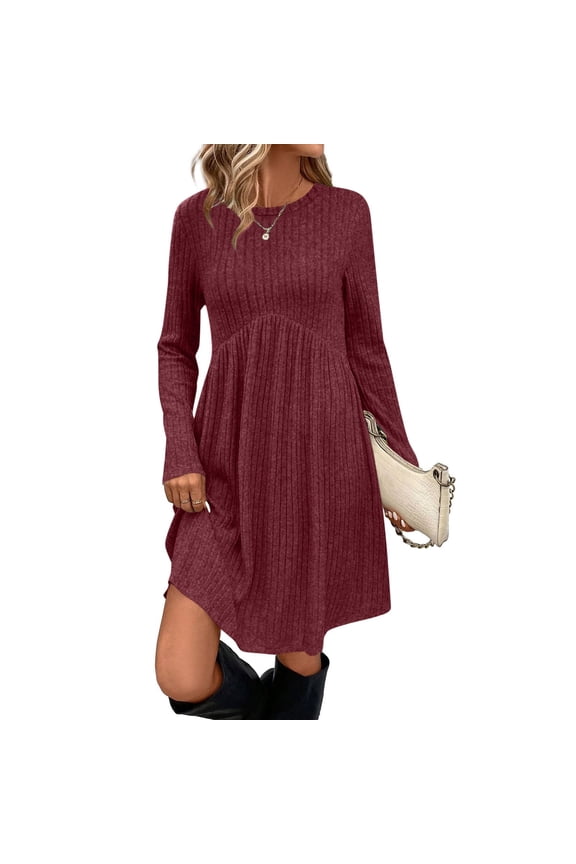 Women's Ribbed Long Sleeve Dress Round Neck Belted Waist with Pockets Casual and Bodycon Style