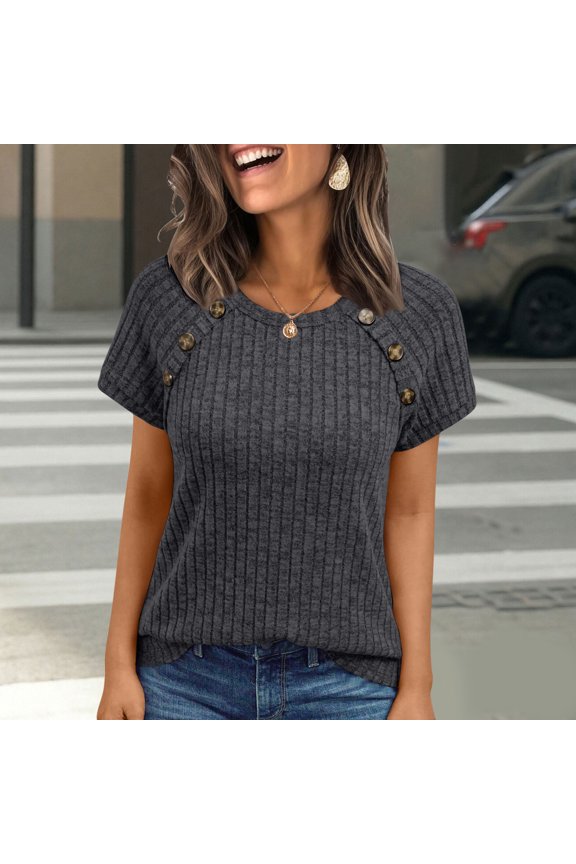 Women's Ribbed Top Short Sleeve Round Neck Raglan Button Front Casual Comfortable Style