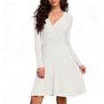 thumbnail image 1 of AUNVITO Women's Ribbed V-Neck Long Sleeve A-Line Dress Chic and Versatile Solid Color Style, 1 of 5