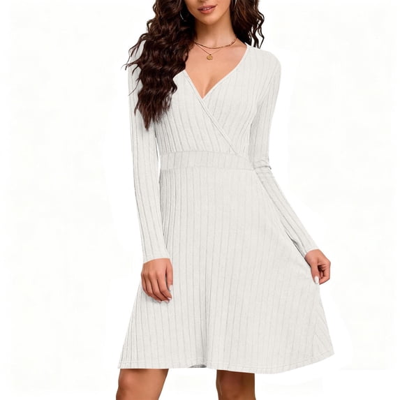 AUNVITO Women's Ribbed V-Neck Long Sleeve A-Line Dress Chic and Versatile Solid Color Style