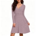 thumbnail image 1 of AUNVITO Women's Ribbed V-Neck Long Sleeve A-Line Dress Chic and Versatile Solid Color Style, 1 of 5