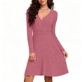thumbnail image 1 of AUNVITO Women's Ribbed V-Neck Long Sleeve A-Line Dress Chic and Versatile Solid Color Style, 1 of 5