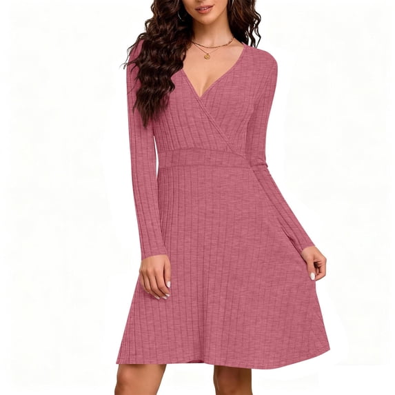 AUNVITO Women's Ribbed VNeck Long Sleeve ALine Dress Chic and — free download