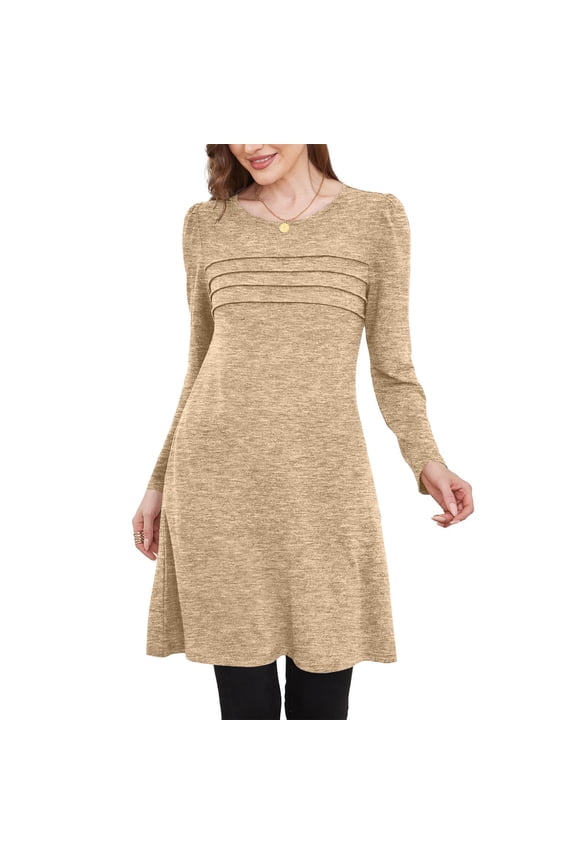 Women's Round Neck Button Front Pleated Long Sleeve Dress with Pocket Simple and Chic