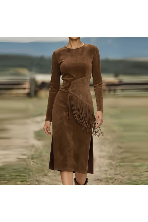 Women's Round Neck Long Sleeve Fringe Detail Slim Fit Western Style Dress