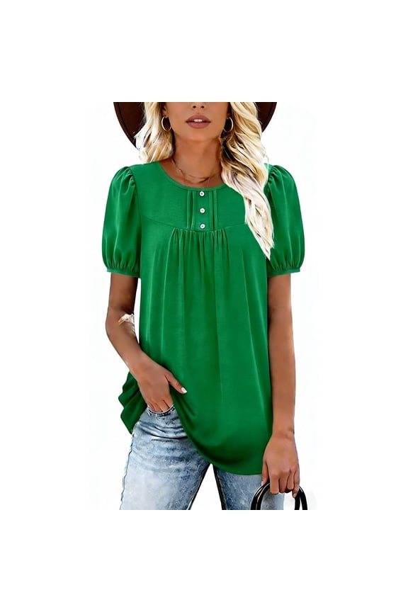Women's Round Neck Short Sleeve Bubble Sleeves Front Pleated T-shirt Casual Loose Fit Fashion Top