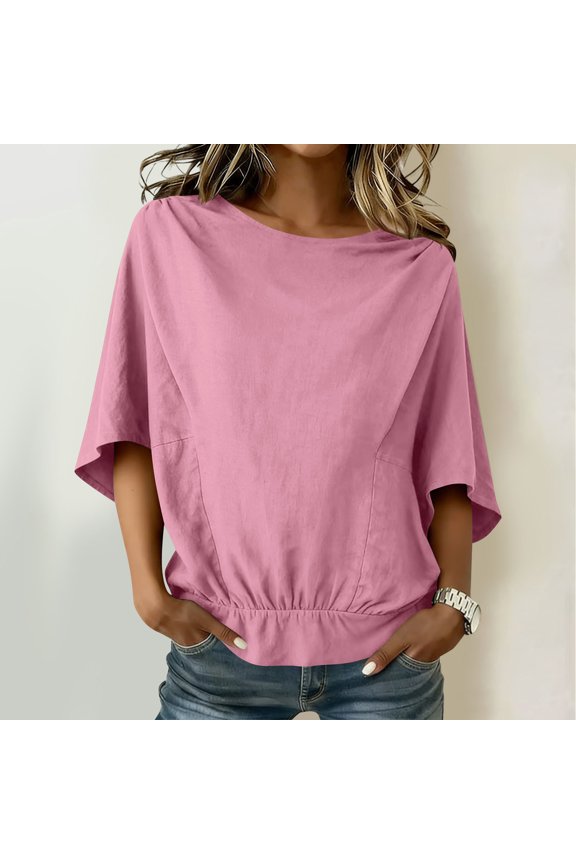 Women's Ruffle Shoulder Blouse Relaxed Fit Three Quarter Sleeve Solid Color Casual and Chic Style