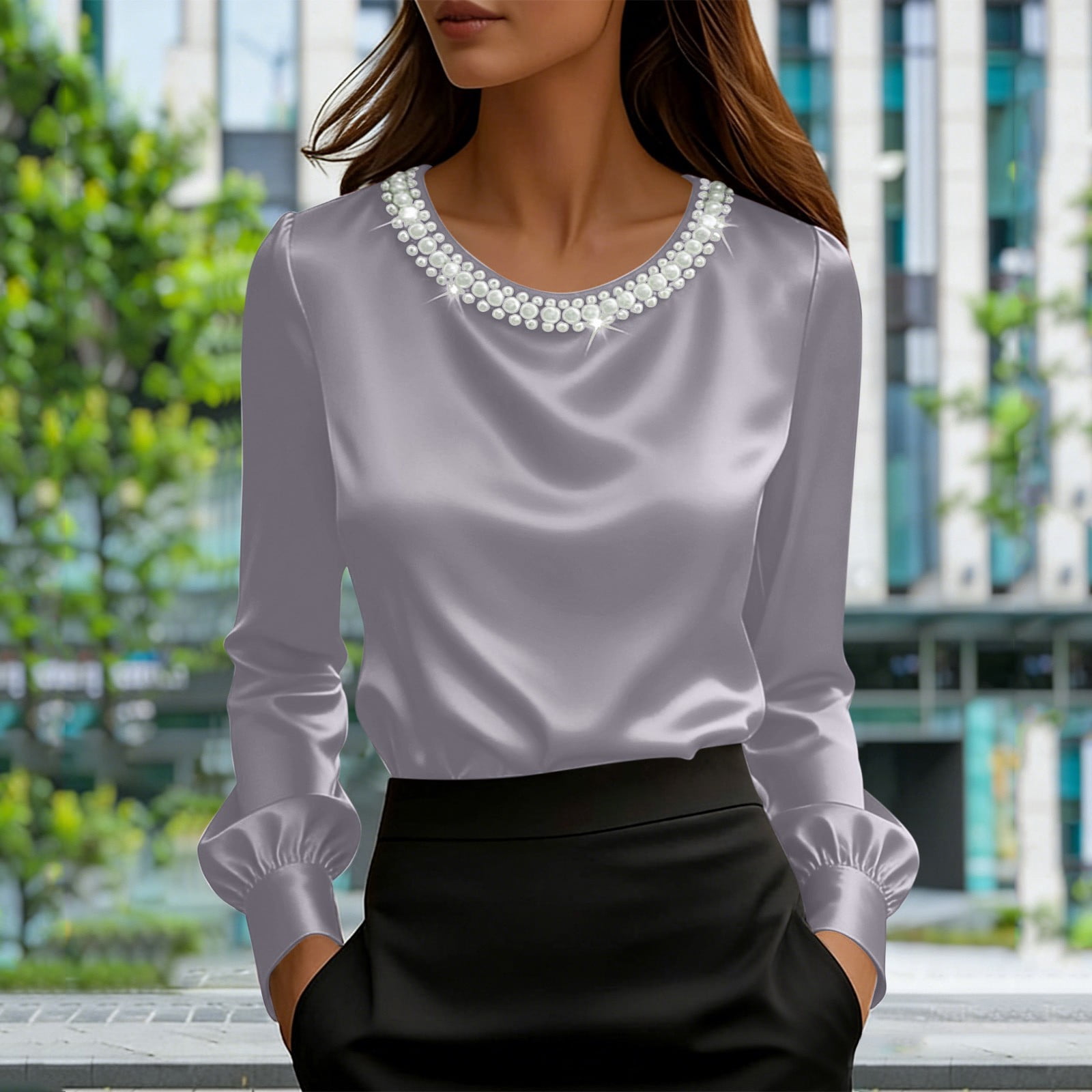 AUNVITO Women's Satin Blouse Round Neck Pearl Decorated Long Sleeve ...