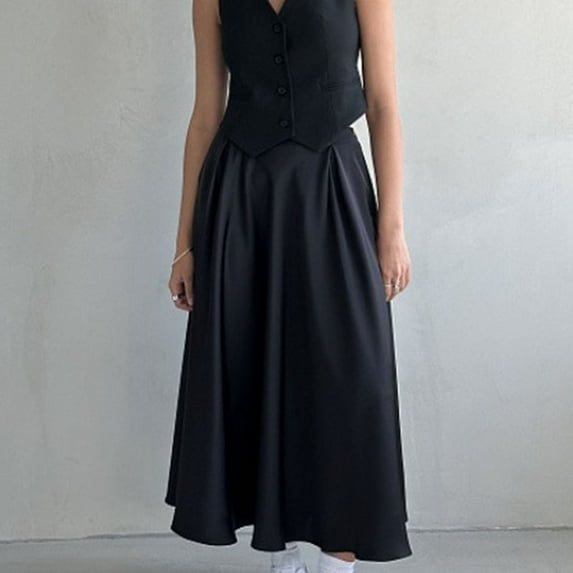 AUNVITO Women's Satin Elastic High Waist Casual Long Skirt - Solid Color Ankle-Length Skirt for Spring Summer, Black, White, Khaki