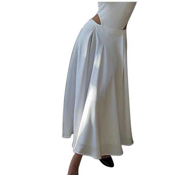 AUNVITO Women's Satin Elastic High Waist Casual Long Skirt - Solid Color Ankle-Length Skirt for Spring Summer, Black, White, Khaki