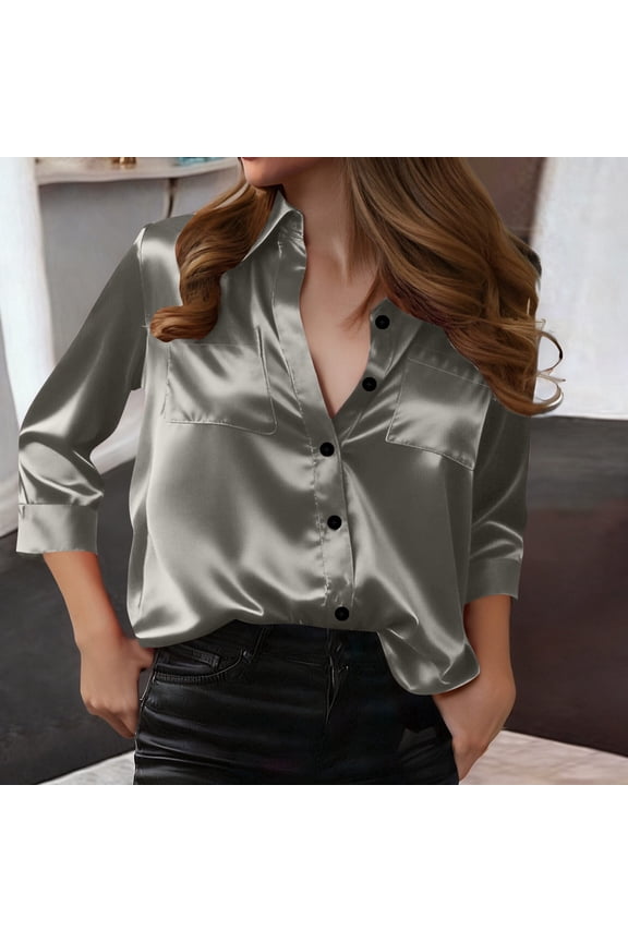 Women's Satin Shirt Long Sleeve Notch Lapel 3/4 Sleeve Two Pockets Button Front Elegant and Stylish