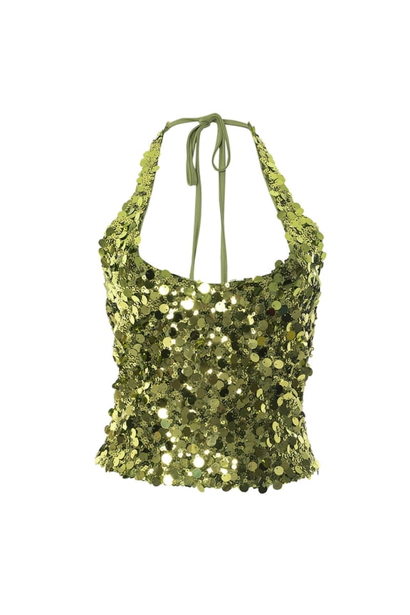 Women's Sequin Crop Top V-Neck Sleeveless Solid Color Sparkly Casual Trendy Party Nightlife Style