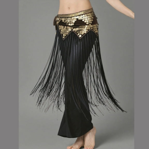 AUNVITO Women's Sequin Long Fringe Belly Chain Skirt Adjustable Waist Bohemian Dance Half Skirt for Party Wedding