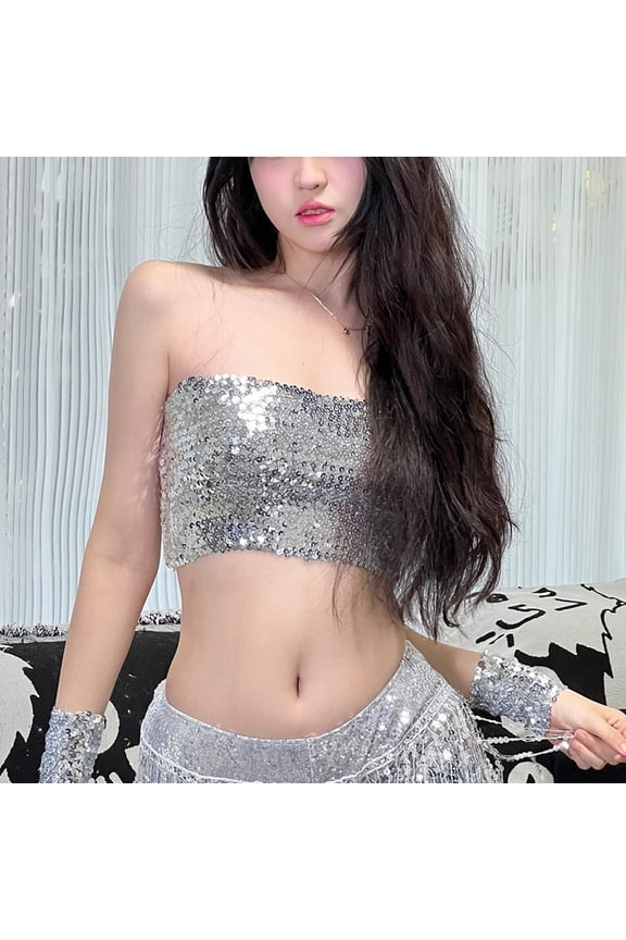 Women's Sequined Belly Dance Top Adjustable Strap Backless Crop Top with Tassels Glamorous and Festive for Dance and Party