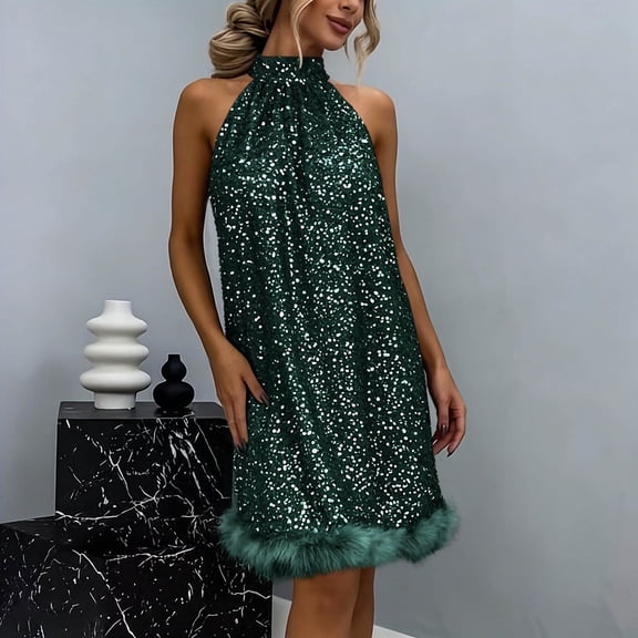 AUNVITO Women's Sequined Halter Neck Sleeveless Off Shoulder Dress Sparkling Detail Accent Party Style