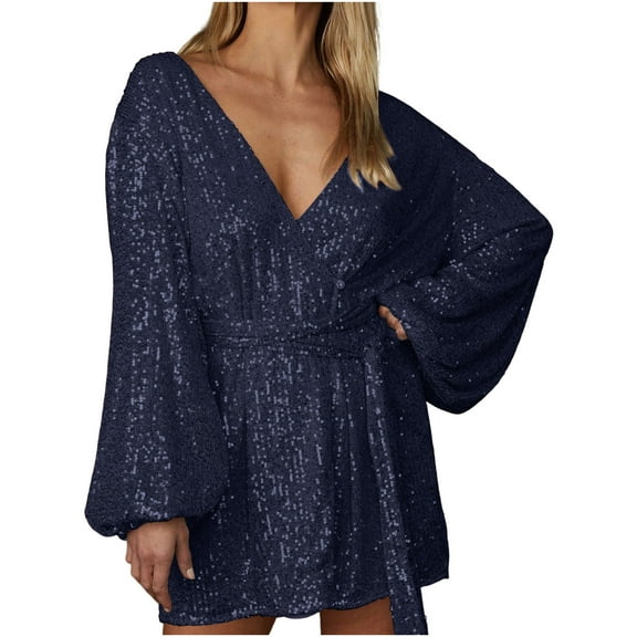 AUNVITO Women's Sexy V-Neck Flowy Dress with Lantern Sleeves & Sequins Lace-Up Evening Party Dress