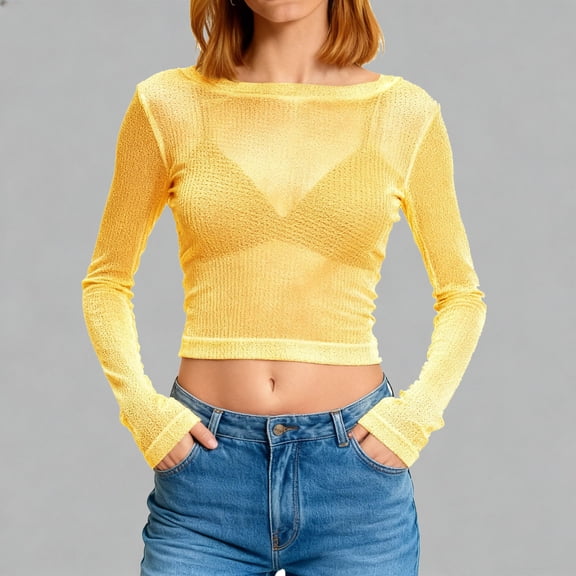 AUNVITO Women's Sheer Lace Shiny Cut-out Blouse Long Sleeve Round Neck Slim Fit Pullover Stylish and Chic-Style Style