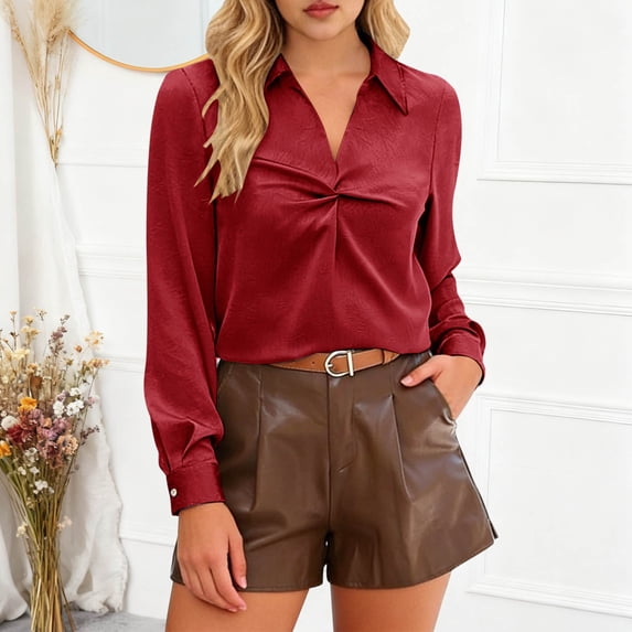 AUNVITO Women's Shirt Notched Collar V-Neck Long Sleeve with Twist Front Casual Elegant Style