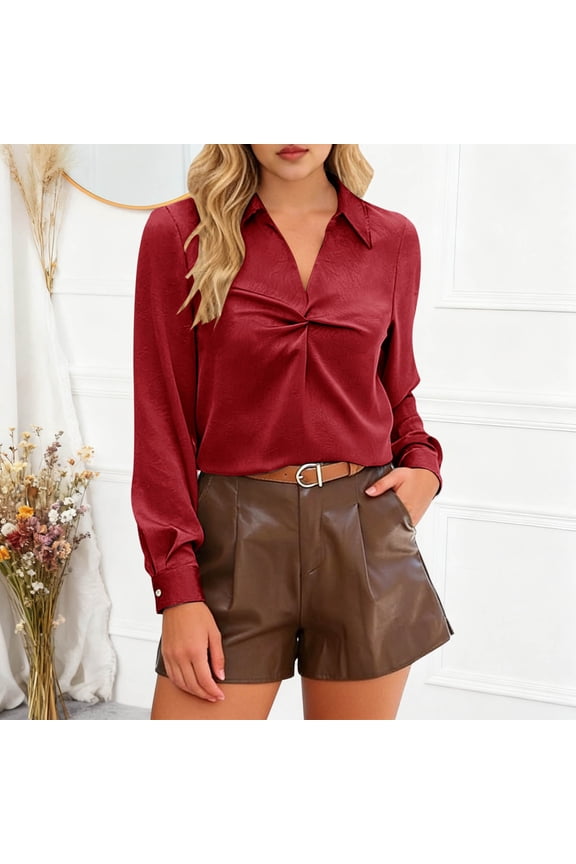 Women's Shirt Notched Collar V-Neck Long Sleeve with Twist Front Casual Elegant Style