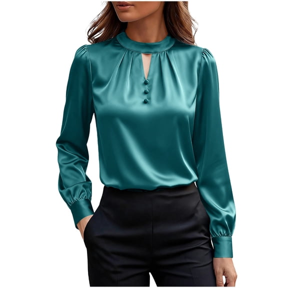 AUNVITO Women's Shirt V Neck Pleated Elegant and Chic-Style Blouse