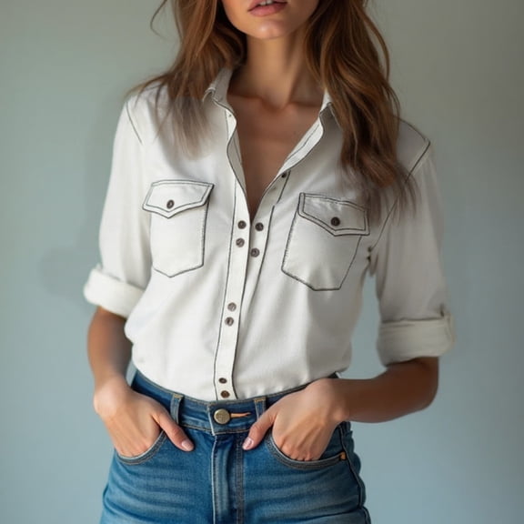 AUNVITO Women's Shirt with Turn-Down Collar Contrast Stitch and Decorative Pocket Long Sleeve Loose Fit for Casual Wear