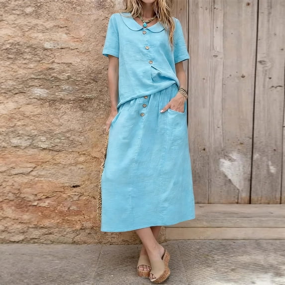 AUNVITO Women's Short Sleeve Two Piece Set Pure Color Top and Skirt Casual and Comfortable Cotton Outfit
