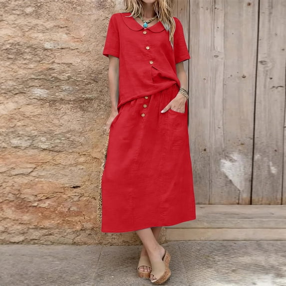 AUNVITO Women's Short Sleeve Two Piece Set Pure Color Top and Skirt Casual and Comfortable Cotton Outfit