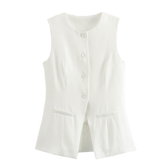 AUNVITO Women's Sleeveless Blazer Vest Round Neck Button Front Casual Business Chic-Style Fashion Sporty